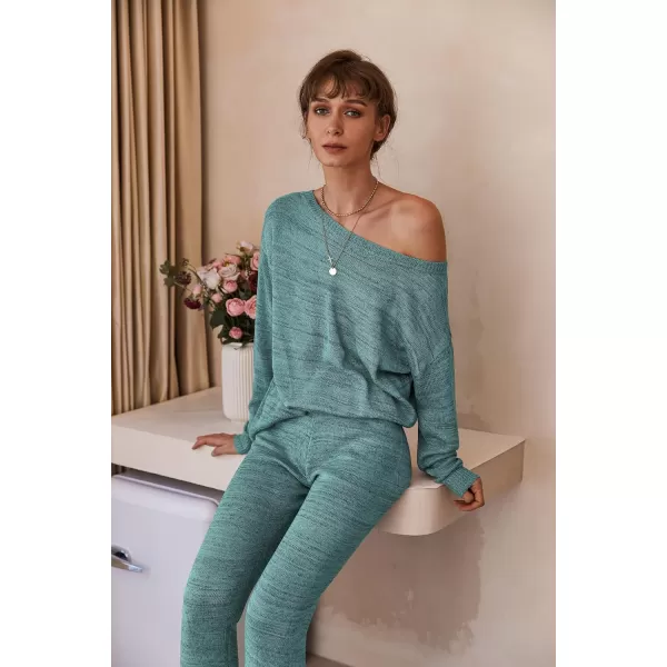 Ekouaer Lounge Sets for Women 2 Piece Knit Sets Cozy Off Shoulder Sweater Outfits Pullover and Wide Leg Pants PajamasLight Blue