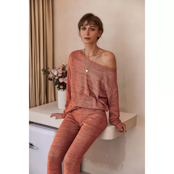 Ekouaer Lounge Sets for Women 2 Piece Knit Sets Cozy Off Shoulder Sweater Outfits Pullover and Wide Leg Pants PajamasLight Brown