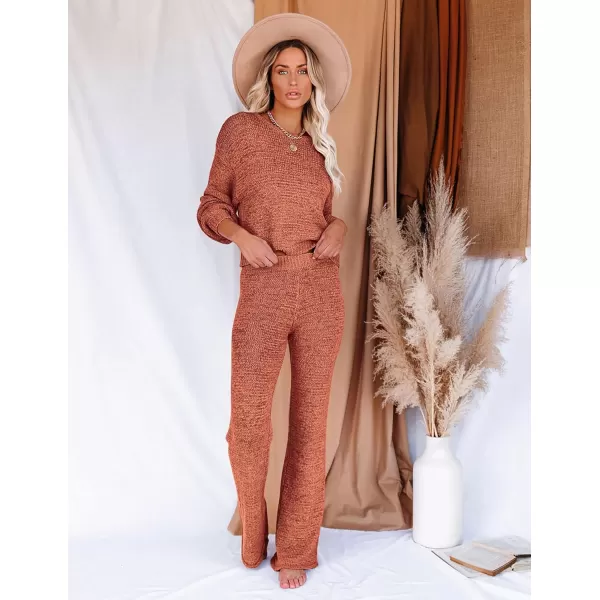 Ekouaer Lounge Sets for Women 2 Piece Knit Sets Cozy Off Shoulder Sweater Outfits Pullover and Wide Leg Pants PajamasLight Brown