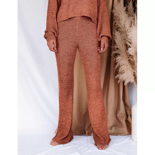 Ekouaer Lounge Sets for Women 2 Piece Knit Sets Cozy Off Shoulder Sweater Outfits Pullover and Wide Leg Pants PajamasLight Brown