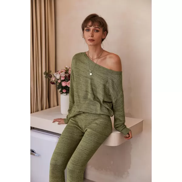 Ekouaer Lounge Sets for Women 2 Piece Knit Sets Cozy Off Shoulder Sweater Outfits Pullover and Wide Leg Pants PajamasLight Green