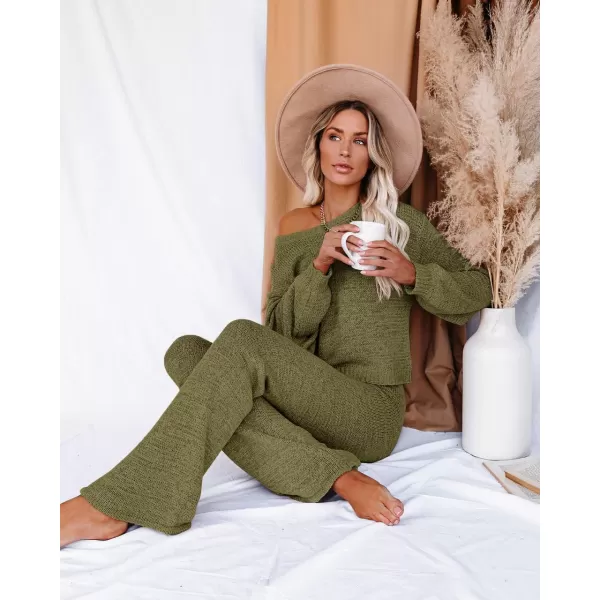 Ekouaer Lounge Sets for Women 2 Piece Knit Sets Cozy Off Shoulder Sweater Outfits Pullover and Wide Leg Pants PajamasLight Green