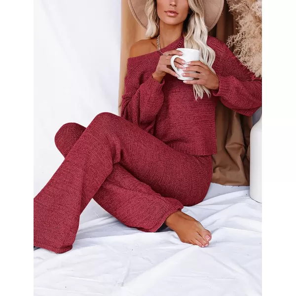 Ekouaer Lounge Sets for Women 2 Piece Knit Sets Cozy Off Shoulder Sweater Outfits Pullover and Wide Leg Pants PajamasWine Red