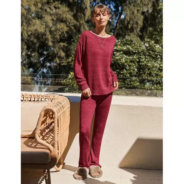 Ekouaer Lounge Sets for Women 2 Piece Knit Sets Cozy Off Shoulder Sweater Outfits Pullover and Wide Leg Pants PajamasWine Red