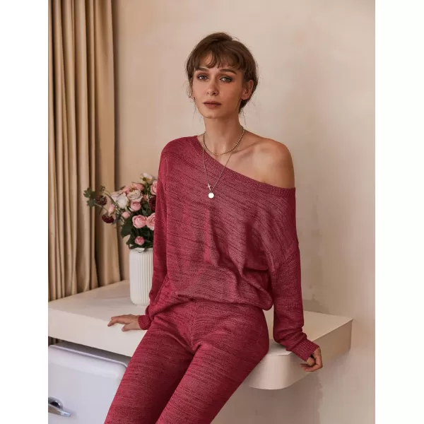 Ekouaer Lounge Sets for Women 2 Piece Knit Sets Cozy Off Shoulder Sweater Outfits Pullover and Wide Leg Pants PajamasWine Red