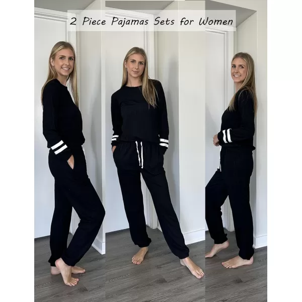 Ekouaer Lounge Sets for Women Ribbed Knit Outfits Pajamas Sets 2 Piece Long Sleeve Sweatsuits with PocketsBlack