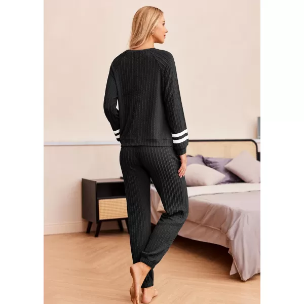 Ekouaer Lounge Sets for Women Ribbed Knit Outfits Pajamas Sets 2 Piece Long Sleeve Sweatsuits with PocketsBlack