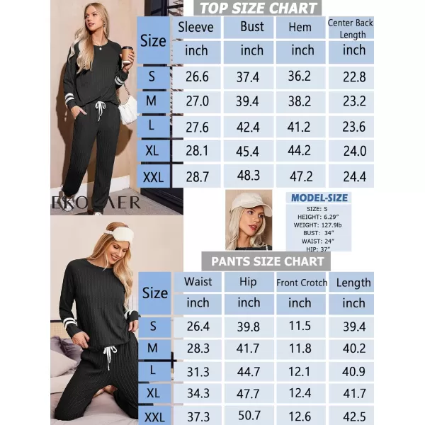 Ekouaer Lounge Sets for Women Ribbed Knit Outfits Pajamas Sets 2 Piece Long Sleeve Sweatsuits with PocketsBlack