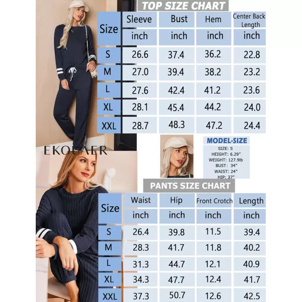 Ekouaer Lounge Sets for Women Ribbed Knit Outfits Pajamas Sets 2 Piece Long Sleeve Sweatsuits with PocketsBlue