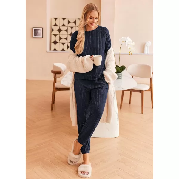 Ekouaer Lounge Sets for Women Ribbed Knit Outfits Pajamas Sets 2 Piece Long Sleeve Sweatsuits with PocketsBlue