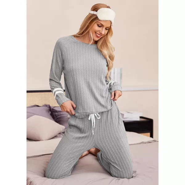 Ekouaer Lounge Sets for Women Ribbed Knit Outfits Pajamas Sets 2 Piece Long Sleeve Sweatsuits with PocketsGrey