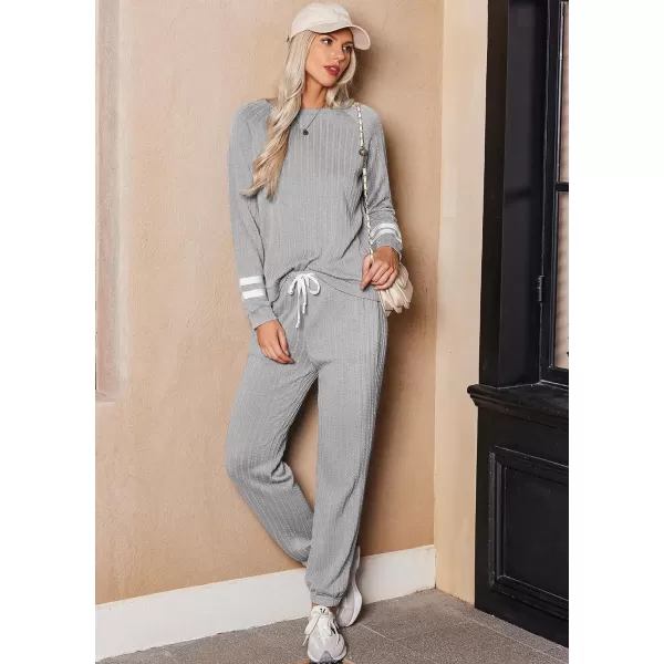 Ekouaer Lounge Sets for Women Ribbed Knit Outfits Pajamas Sets 2 Piece Long Sleeve Sweatsuits with PocketsGrey