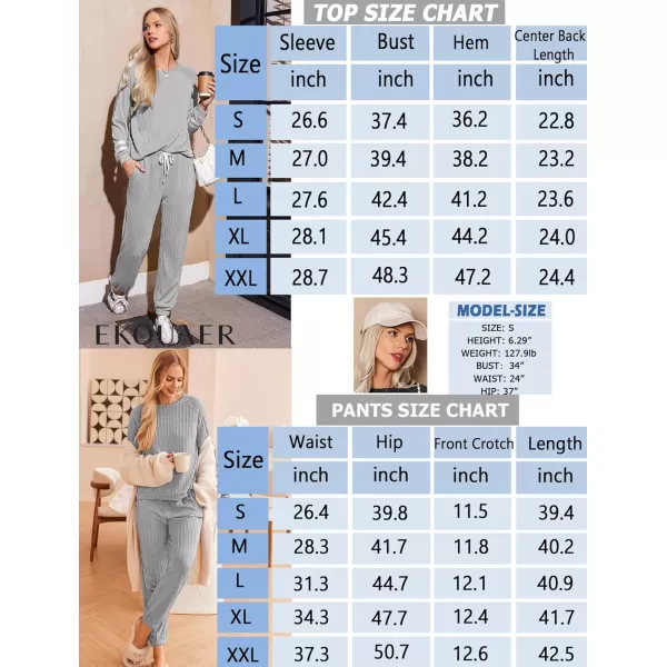 Ekouaer Lounge Sets for Women Ribbed Knit Outfits Pajamas Sets 2 Piece Long Sleeve Sweatsuits with PocketsGrey