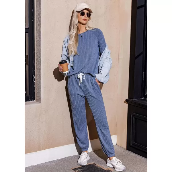 Ekouaer Lounge Sets for Women Ribbed Knit Outfits Pajamas Sets 2 Piece Long Sleeve Sweatsuits with PocketsGrey Blue