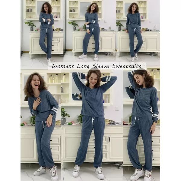 Ekouaer Lounge Sets for Women Ribbed Knit Outfits Pajamas Sets 2 Piece Long Sleeve Sweatsuits with PocketsGrey Blue