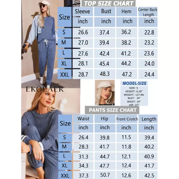 Ekouaer Lounge Sets for Women Ribbed Knit Outfits Pajamas Sets 2 Piece Long Sleeve Sweatsuits with PocketsGrey Blue