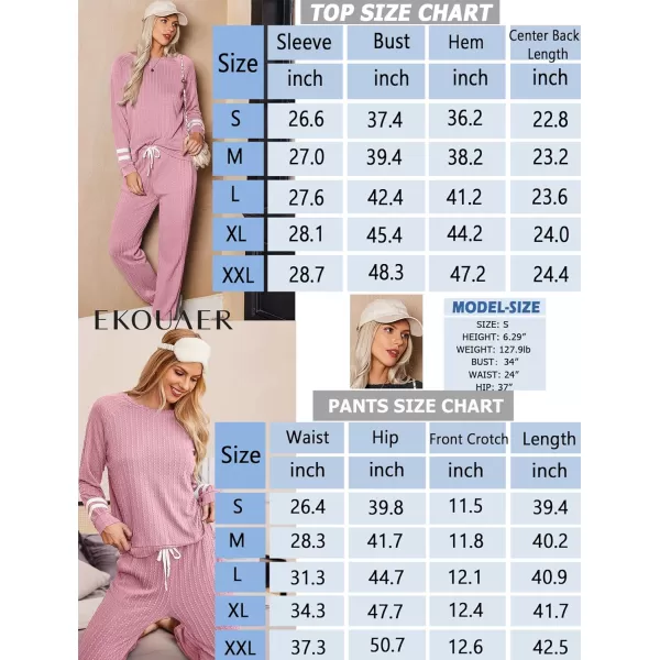 Ekouaer Lounge Sets for Women Ribbed Knit Outfits Pajamas Sets 2 Piece Long Sleeve Sweatsuits with PocketsPink