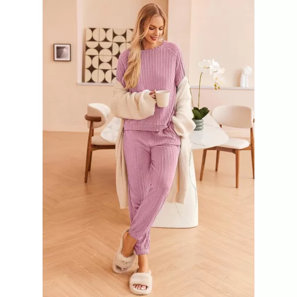 Ekouaer Lounge Sets for Women Ribbed Knit Outfits Pajamas Sets 2 Piece Long Sleeve Sweatsuits with PocketsPink