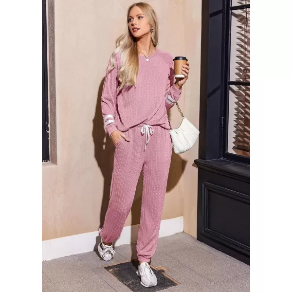 Ekouaer Lounge Sets for Women Ribbed Knit Outfits Pajamas Sets 2 Piece Long Sleeve Sweatsuits with PocketsPink