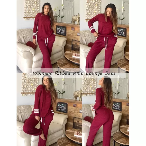 Ekouaer Lounge Sets for Women Ribbed Knit Outfits Pajamas Sets 2 Piece Long Sleeve Sweatsuits with PocketsWine Red