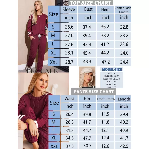 Ekouaer Lounge Sets for Women Ribbed Knit Outfits Pajamas Sets 2 Piece Long Sleeve Sweatsuits with PocketsWine Red