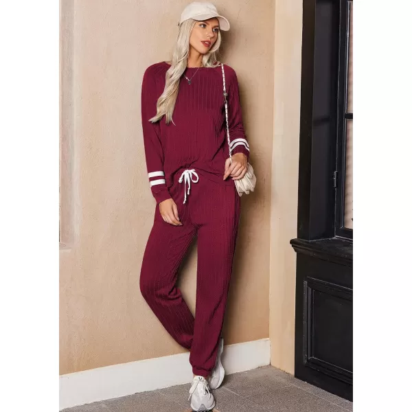 Ekouaer Lounge Sets for Women Ribbed Knit Outfits Pajamas Sets 2 Piece Long Sleeve Sweatsuits with PocketsWine Red