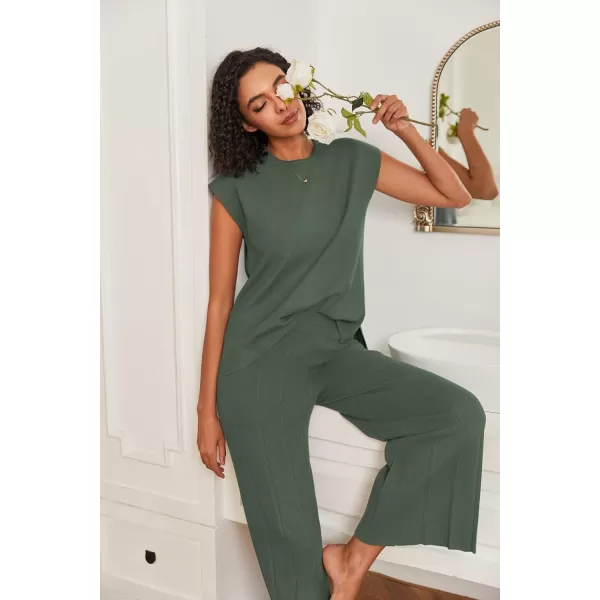 Ekouaer Lounge Sets for Women Two Piece Outfits Knit Cap Sleeve Tops Wide Leg Pleated Pants Casual Dressy Sweater SetsDark Green