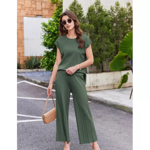 Ekouaer Lounge Sets for Women Two Piece Outfits Knit Cap Sleeve Tops Wide Leg Pleated Pants Casual Dressy Sweater SetsDark Green