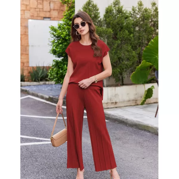 Ekouaer Lounge Sets for Women Two Piece Outfits Knit Cap Sleeve Tops Wide Leg Pleated Pants Casual Dressy Sweater SetsDark Red