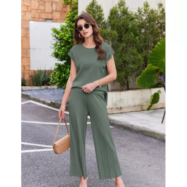 Ekouaer Lounge Sets for Women Two Piece Outfits Knit Cap Sleeve Tops Wide Leg Pleated Pants Casual Dressy Sweater SetsGray Green