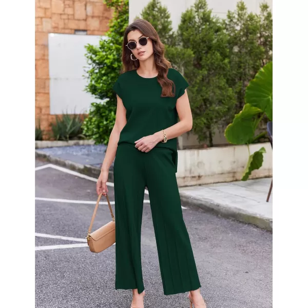 Ekouaer Lounge Sets for Women Two Piece Outfits Knit Cap Sleeve Tops Wide Leg Pleated Pants Casual Dressy Sweater SetsGreen