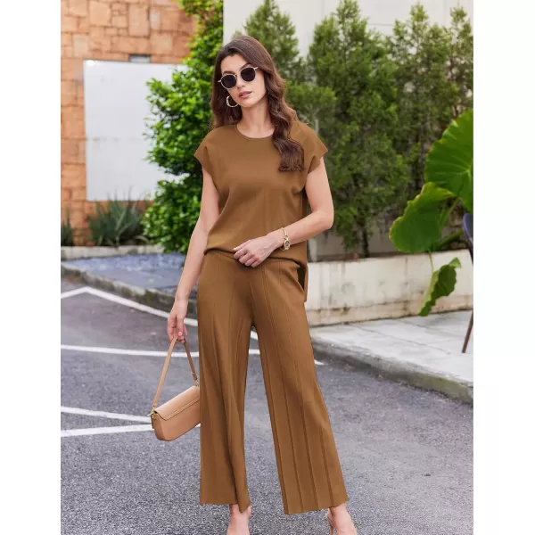 Ekouaer Lounge Sets for Women Two Piece Outfits Knit Cap Sleeve Tops Wide Leg Pleated Pants Casual Dressy Sweater SetsLight Brown