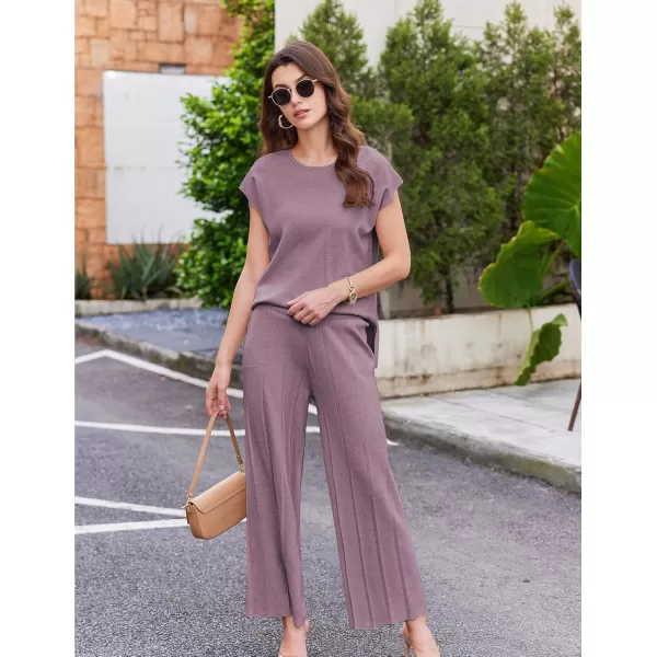 Ekouaer Lounge Sets for Women Two Piece Outfits Knit Cap Sleeve Tops Wide Leg Pleated Pants Casual Dressy Sweater SetsPurple