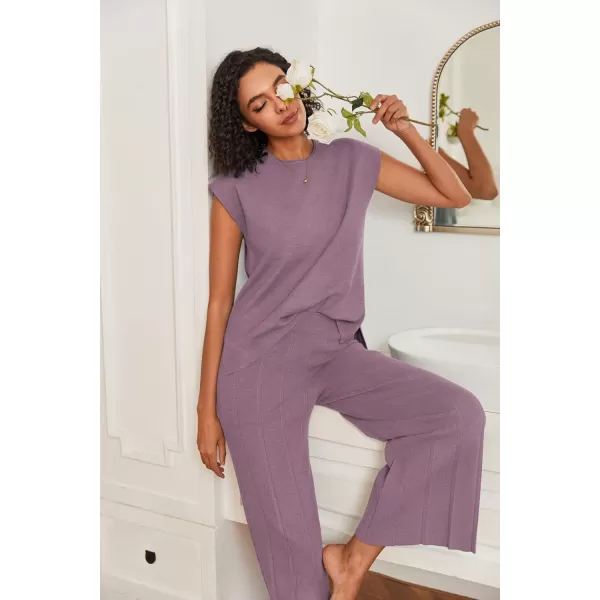 Ekouaer Lounge Sets for Women Two Piece Outfits Knit Cap Sleeve Tops Wide Leg Pleated Pants Casual Dressy Sweater SetsPurple