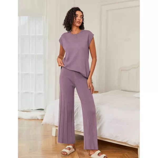 Ekouaer Lounge Sets for Women Two Piece Outfits Knit Cap Sleeve Tops Wide Leg Pleated Pants Casual Dressy Sweater SetsPurple