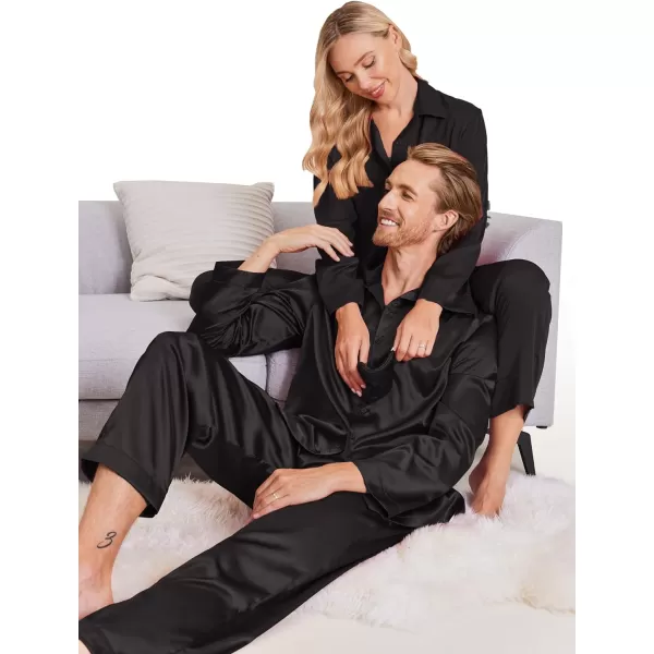 Ekouaer Matching Couples Pajamas Classic Long Sleeve Couple Sleepwear Silk Satin Soft Button Down Loungewear Pjs Set SXXLMen Black