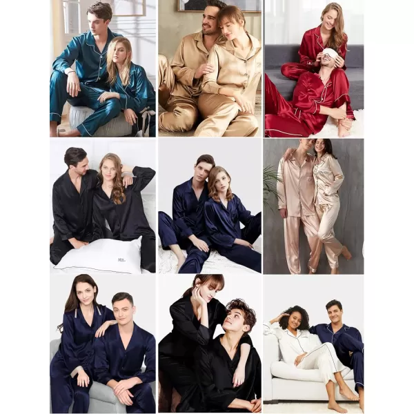 Ekouaer Matching Couples Pajamas Classic Long Sleeve Couple Sleepwear Silk Satin Soft Button Down Loungewear Pjs Set SXXLMen Black