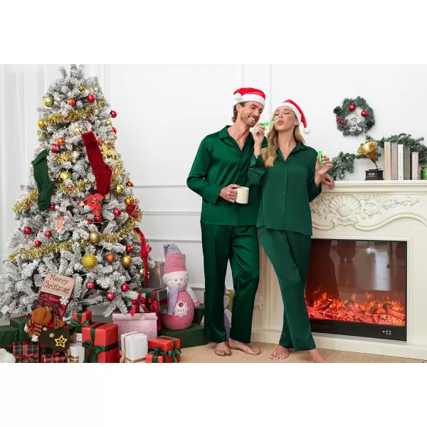 Ekouaer Matching Couples Pajamas Classic Long Sleeve Couple Sleepwear Silk Satin Soft Button Down Loungewear Pjs Set SXXLMen Green