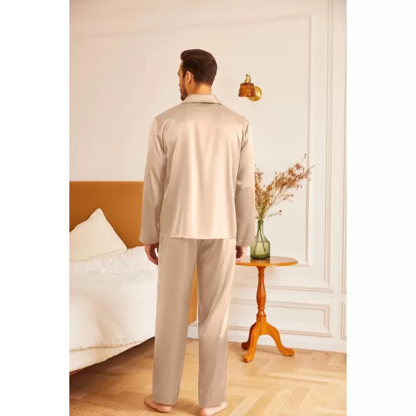 Ekouaer Matching Couples Pajamas Classic Long Sleeve Couple Sleepwear Silk Satin Soft Button Down Loungewear Pjs Set SXXLMen Light Khaki