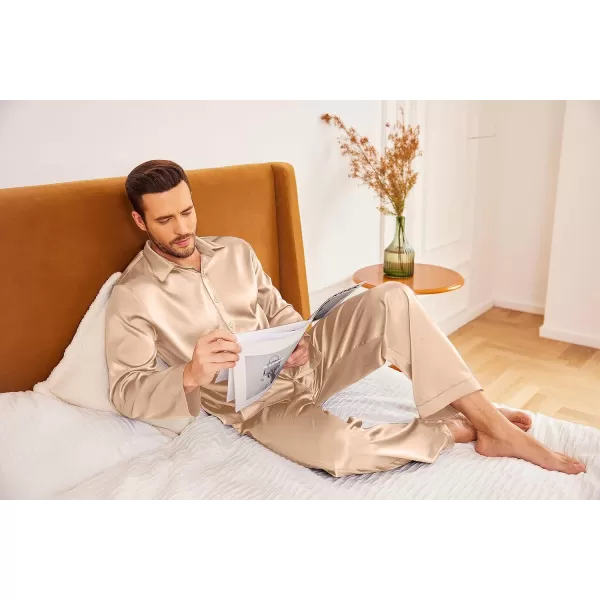 Ekouaer Matching Couples Pajamas Classic Long Sleeve Couple Sleepwear Silk Satin Soft Button Down Loungewear Pjs Set SXXLMen Light Khaki