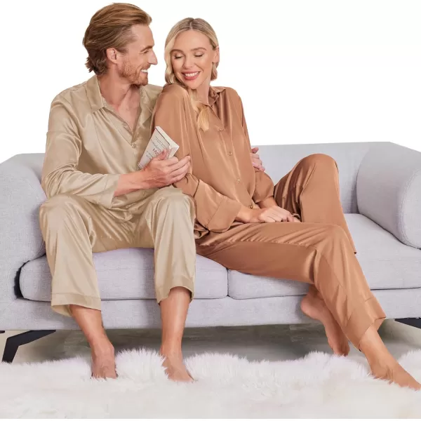 Ekouaer Matching Couples Pajamas Classic Long Sleeve Couple Sleepwear Silk Satin Soft Button Down Loungewear Pjs Set SXXLMen Light Khaki