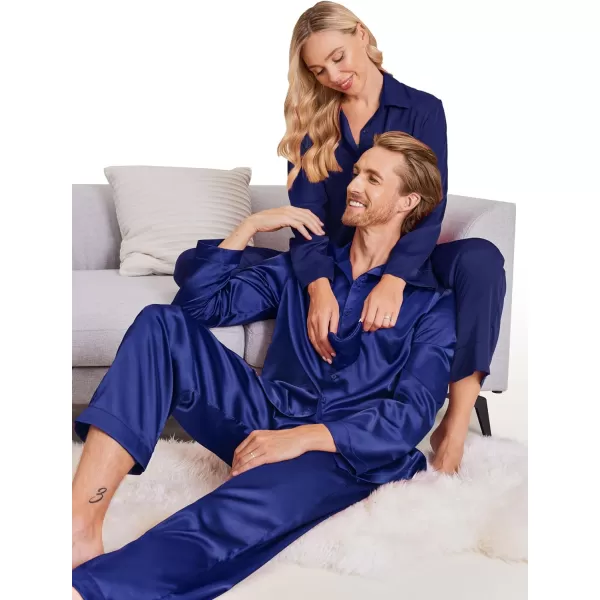 Ekouaer Matching Couples Pajamas Classic Long Sleeve Couple Sleepwear Silk Satin Soft Button Down Loungewear Pjs Set SXXLMen Navy Blue