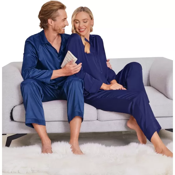 Ekouaer Matching Couples Pajamas Classic Long Sleeve Couple Sleepwear Silk Satin Soft Button Down Loungewear Pjs Set SXXLMen Navy Blue