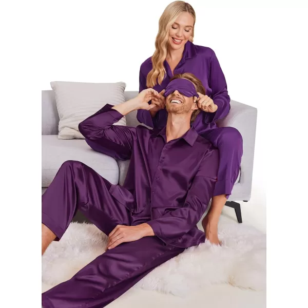 Ekouaer Matching Couples Pajamas Classic Long Sleeve Couple Sleepwear Silk Satin Soft Button Down Loungewear Pjs Set SXXLMen Purple