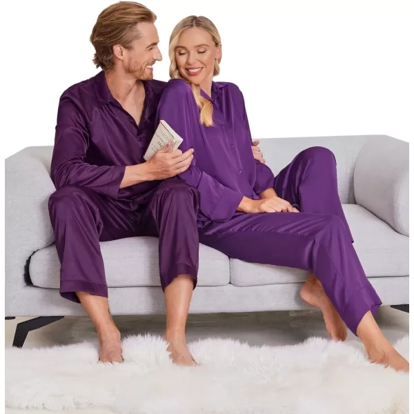 Ekouaer Matching Couples Pajamas Classic Long Sleeve Couple Sleepwear Silk Satin Soft Button Down Loungewear Pjs Set SXXLMen Purple