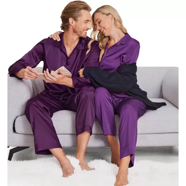 Ekouaer Matching Couples Pajamas Classic Long Sleeve Couple Sleepwear Silk Satin Soft Button Down Loungewear Pjs Set SXXLMen Purple