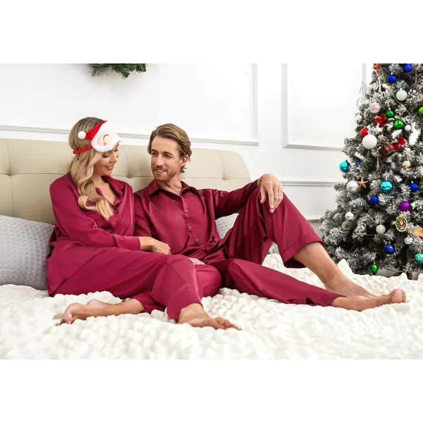 Ekouaer Matching Couples Pajamas Classic Long Sleeve Couple Sleepwear Silk Satin Soft Button Down Loungewear Pjs Set SXXLMen Wine Red