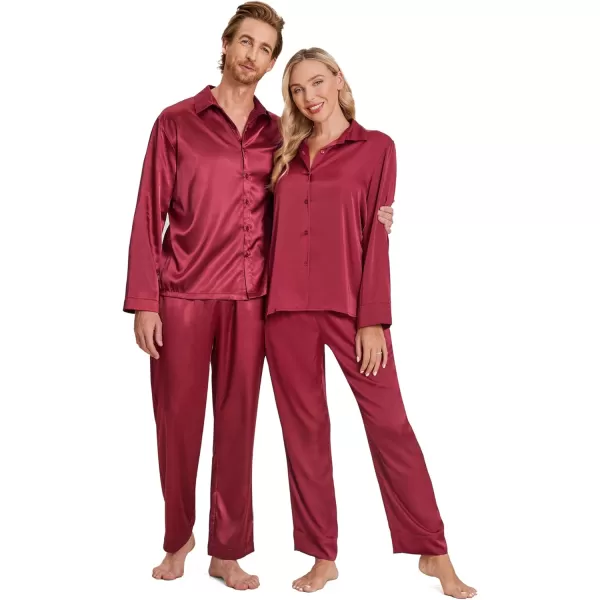 Ekouaer Matching Couples Pajamas Classic Long Sleeve Couple Sleepwear Silk Satin Soft Button Down Loungewear Pjs Set SXXLMen Wine Red