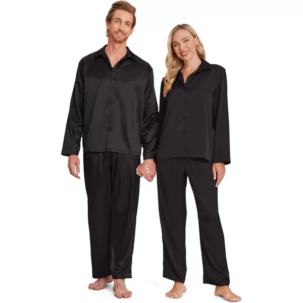 Ekouaer Matching Couples Pajamas Classic Long Sleeve Couple Sleepwear Silk Satin Soft Button Down Loungewear Pjs Set SXXLWomen Black