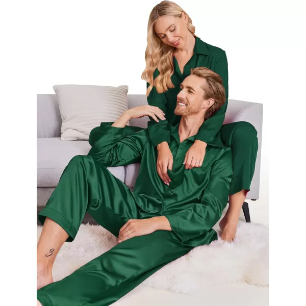 Ekouaer Matching Couples Pajamas Classic Long Sleeve Couple Sleepwear Silk Satin Soft Button Down Loungewear Pjs Set SXXLWomen Green